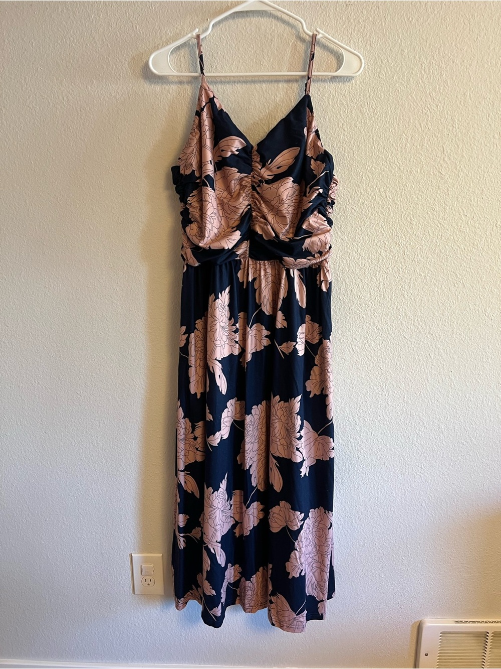 Navy & Blush Floral Midi Dress with V-Neck